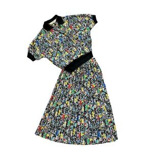 Vtg. Diane Von Furstenberg Set Retro Mod Art Deco Blouse & Pleated Skirt Size S